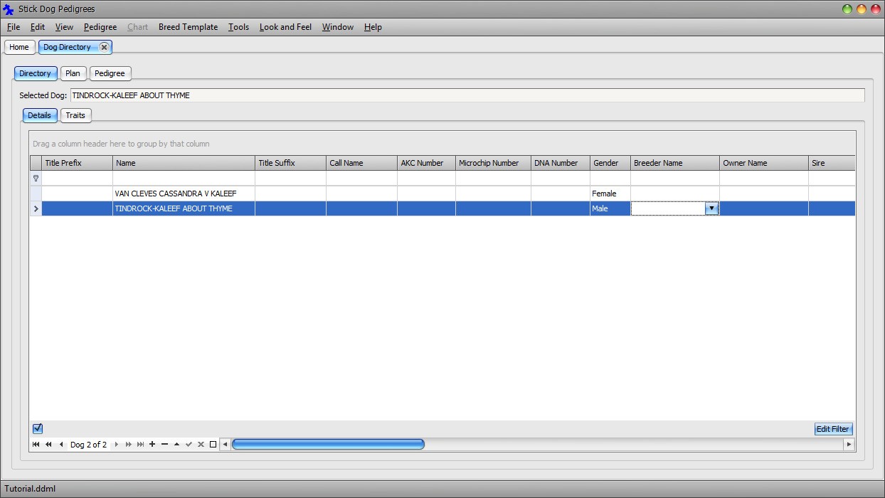 The Stickdog Pedigrees Program showing the Append Another Dog to the List Dialog Box