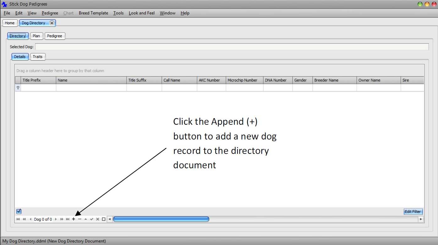 The Stickdog Pedigrees Program showing the Append Button