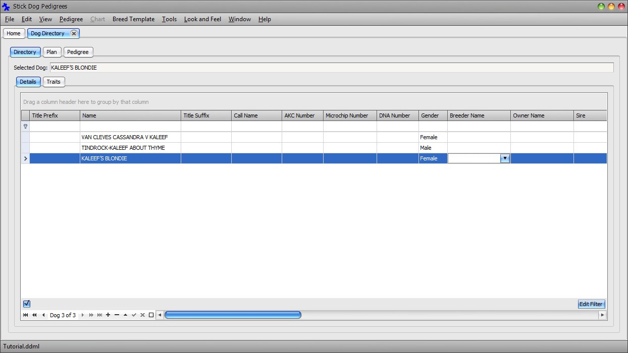 The Stickdog Pedigrees Program showing the Append Third Dog to the List Dialog Box