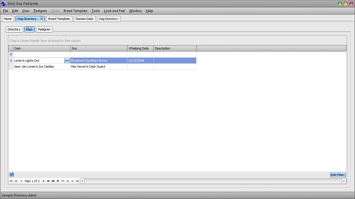 The Stickgod Pedigrees Program showing the Dog Directory form - Dog Traits panel