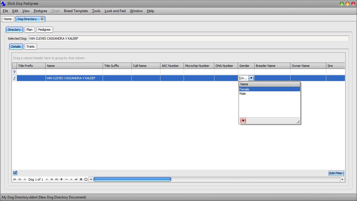 The Stickdog Pedigrees Program showing the Gender Field