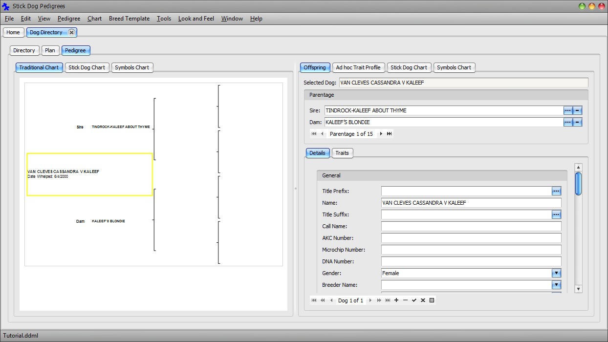 The Stickdog Pedigrees Program showing the Pedigree panel with the Traditional chart selected