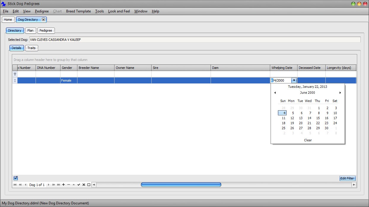 The Stickdog Pedigrees Program showing the Whelping Date